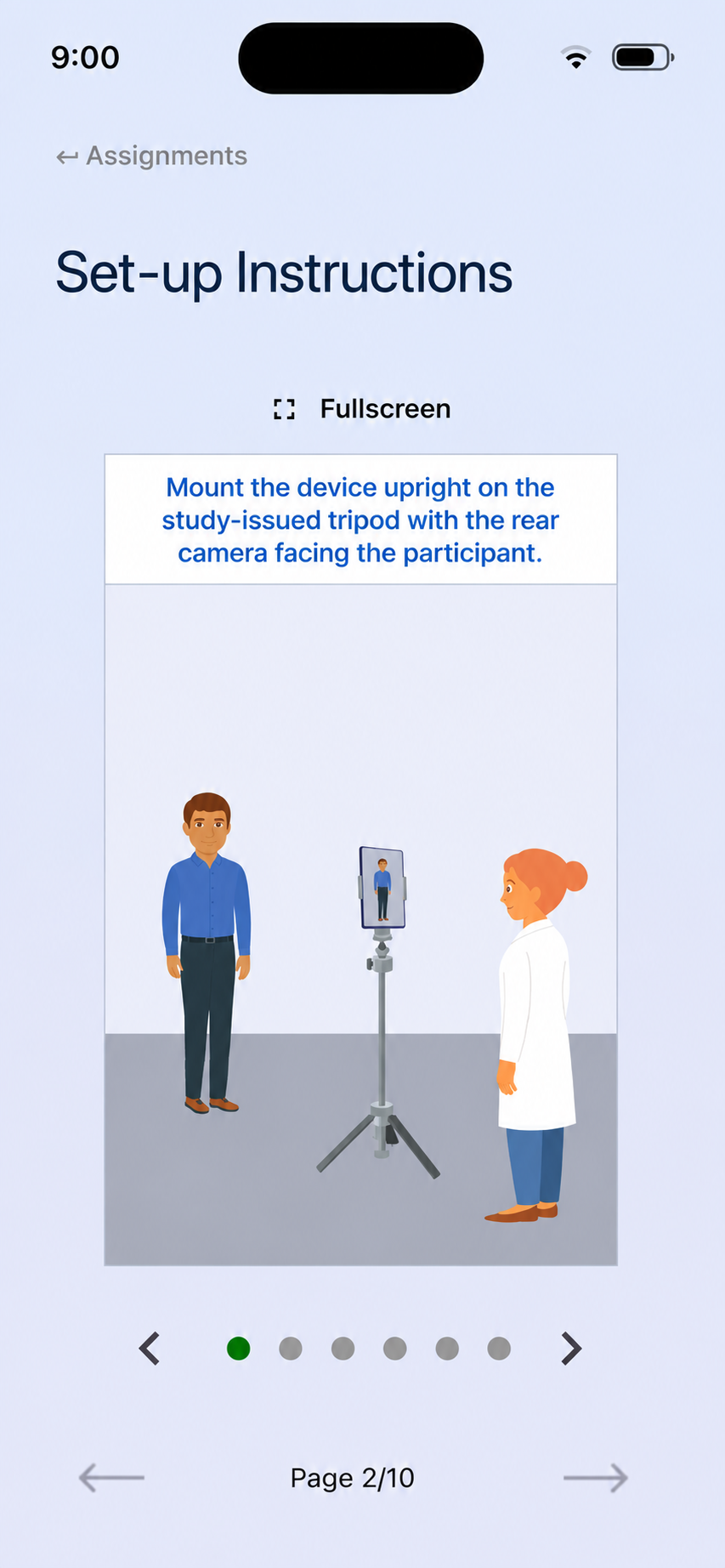Kelvin Clinic provides protocol-aligned setup guidance as part of pre-study protocol checks, giving clinicians study-specific instructions for positioning a phone or tablet. In this example, the device is mounted upright on a tripod with the rear camera facing the participant for in-app video and multimodal data capture.